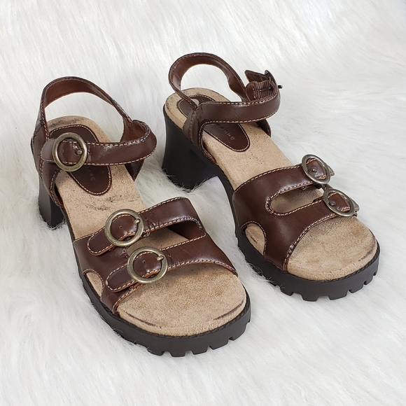 Rare Vintage Ellemeno 90's Y2K brown leather strappy chunky heel sandals Size 7 - Picture 8 of 9